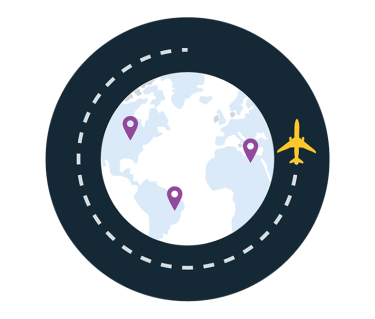 Graphic of a globe with pinpoints and a larger circle surrounding it with a yellow plane going around the globe