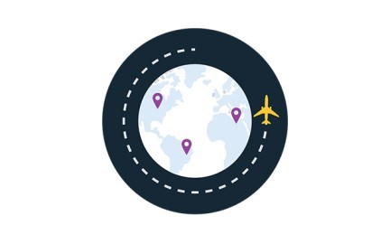 Graphic of a globe with pinpoints and a larger circle surrounding it with a yellow plane going around the globe